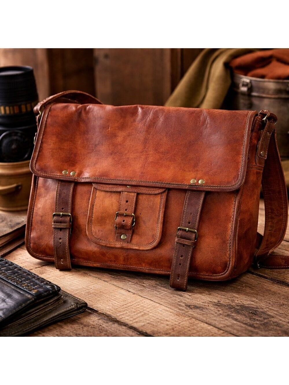 Unbranded Leather Messenger Bag | Rugged Heritage Satchel | Buckle Strap